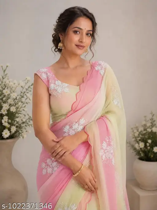 Designer Soft Shiny Fabric Saree with Fancy Embroidery Work for Women