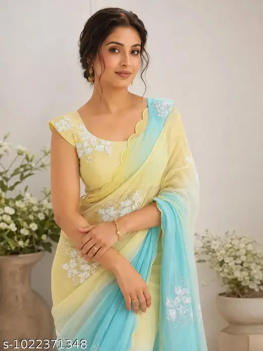 Designer Soft Shiny Fabric Saree with Fancy Embroidery Work for Women
