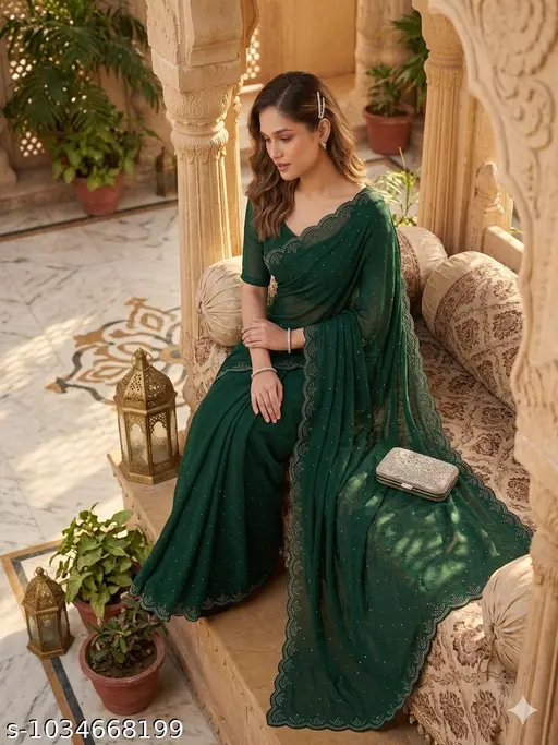 Dark Green Georgette Stone Work Designer Saree