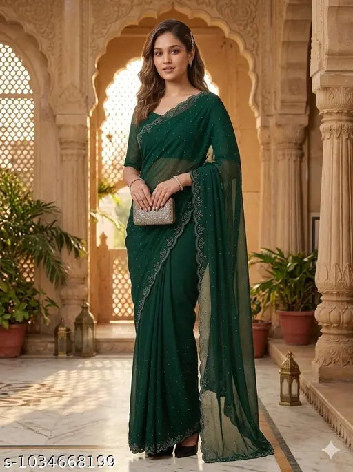 Dark Green Georgette Stone Work Designer Saree