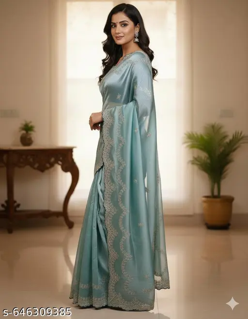 Designer Heavy Embroidery Jimmy Cho Saree with Beautiful Sequence Work &amp; Bangalori Silk Unstitched Blouse Piece