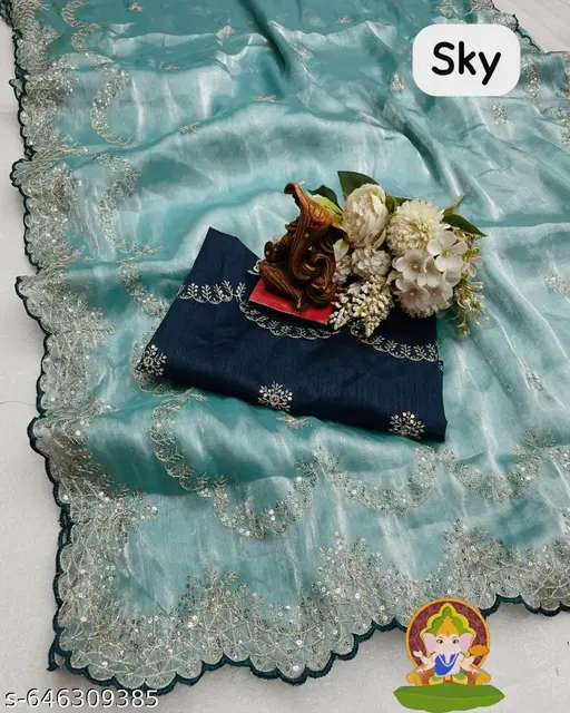 Designer Heavy Embroidery Jimmy Cho Saree with Beautiful Sequence Work &amp; Bangalori Silk Unstitched Blouse Piece
