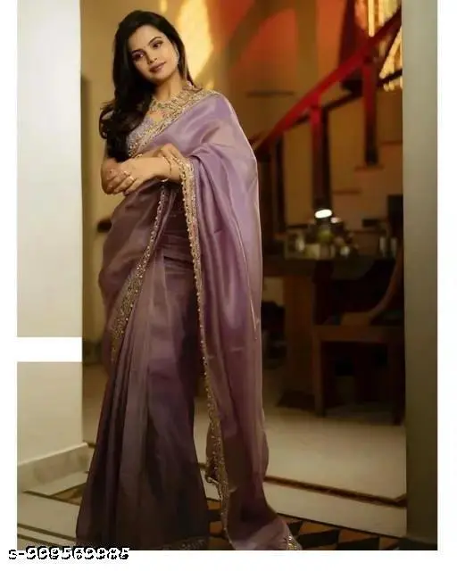 Bridal Wear Lavender Saree for Women with Heavy Embroidered Lace Border & Elegant Party Look