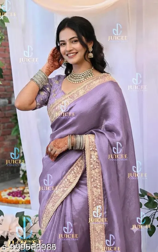Bridal Wear Lavender Saree for Women with Heavy Embroidered Lace Border & Elegant Party Look