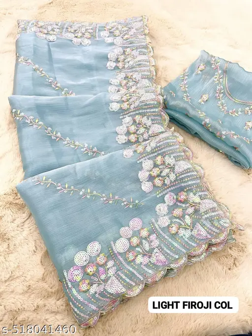 Sequins Embroidered Jimmy Cho Saree || Zimmy Choo Sequins Embroidered Saree With blouse || jimmy Chu Silk Saree With Sequence Work With Fancy Cut Work Border