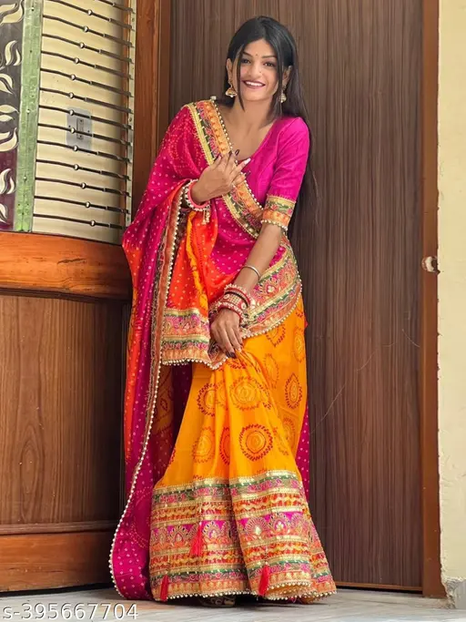 Women&amp;#039;s Bandhani Saree With Lace Border And Unstitched Blouse Piece