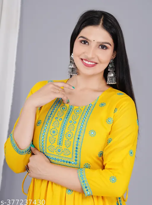 Fashionable Women&amp;amp;#039;s Embroidered with Mirar Work Round Neck Rayon yellow naira cut Kurta For Women