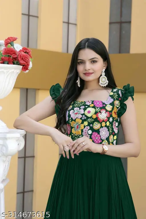 A women&amp;amp;#039;s traditional ethnic long Anarkali gown and Maxi Dress made of Georgette with embroidery work, Green Party Wear Gown, Floral Embroidery Dress, Readymade Ethnic Gown