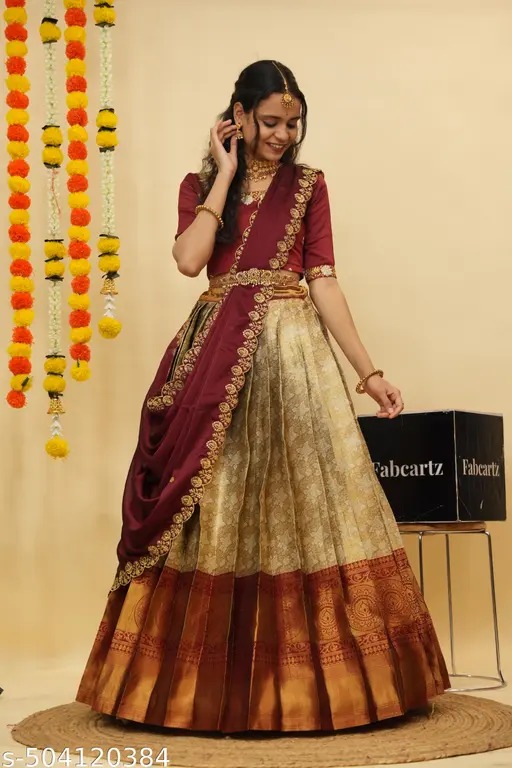 Beautiful Semistitch Half Saree with Woven Design & Rangoli Embroidery Dupatta For Women