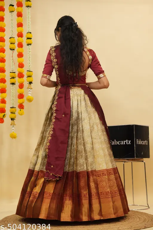 Beautiful Semistitch Half Saree with Woven Design & Rangoli Embroidery Dupatta For Women