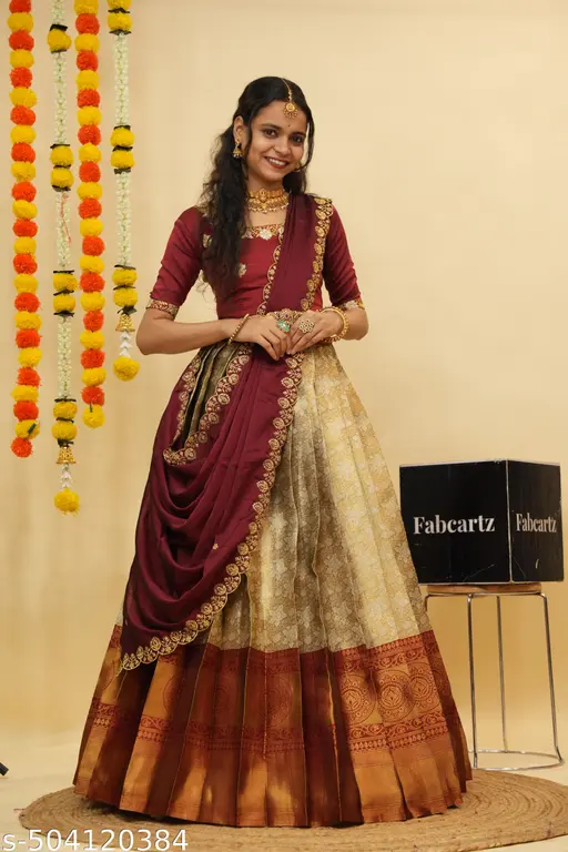 Beautiful Semistitch Half Saree with Woven Design &amp; Rangoli Embroidery Dupatta For Women