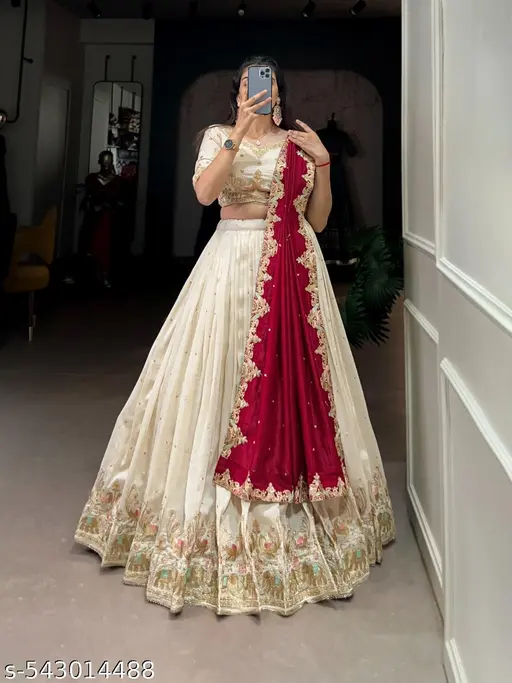 SANDYKART Women's Vichitra Embroidered Semi-Stitched Lehenga Choli