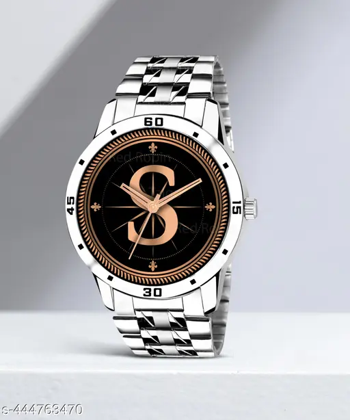 Gadgets WorldAnalog Round Black Dial ALPHABET S Design Stylish Silver Stainless Steel Strap Classic Design Fancy Wrist Watch for Men and Boys, Pack of 1 - ALPHA-S-AVO-SIL-STL