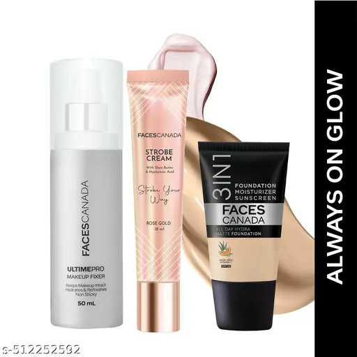 FACES CANADA Always On Glow Combo - All Day Hydra Matte Foundation - Absolute Ivory 012 (18 ml) + Strobe Cream - Rose Gold (18 ml) + Ultime Pro Makeup Fixer (50 ml) | Illuminating &amp;amp;amp; Glowing Makeup Base | Long Lasting Makeup Setting Spray