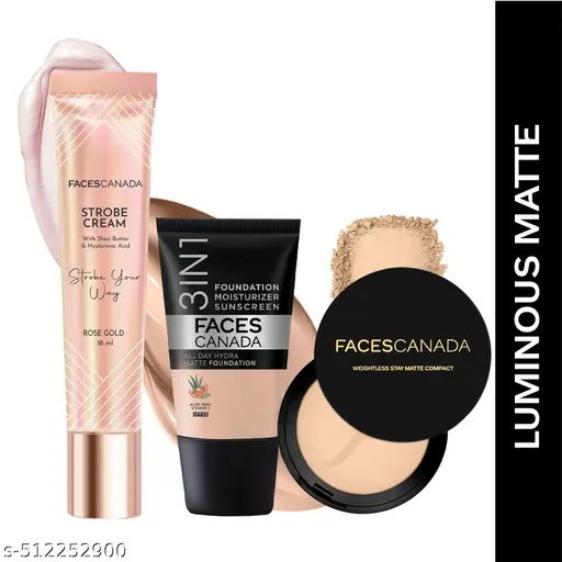 FACES CANADA Luminous Matte Combo - Strobe Cream - Rose Gold (18 ml) + Weightless Stay Matte Compact Powder - Natural 02 (9 gm) + Hydra Matte Foundation - Rose Ivory 011 (18 ml) | Illuminating &amp;amp; Glowing Makeup Base | 10HR Long Wear