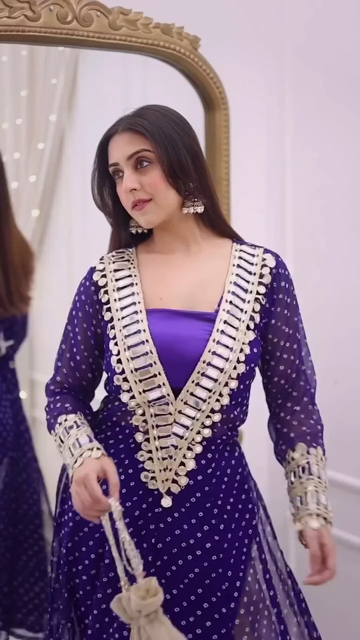 Womens Georgette Royal Blue Mirror Work Anarkali Kurti with Pant