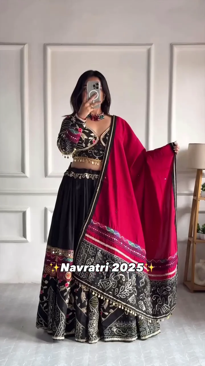 Women&amp;#039;s Trending Dola Silk Lehenga Choli with Mil Foil Print | Traditional Solid Print Navratri Chaniya Choli | Ethnic Wear with Dupatta Unstitched Blouse