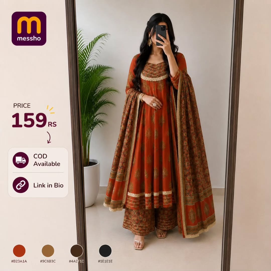 MOKOSH Women&amp;#039;s Cotton Print Anarkali Printed Anarkali Kurta And Sharara with Dupatta Set