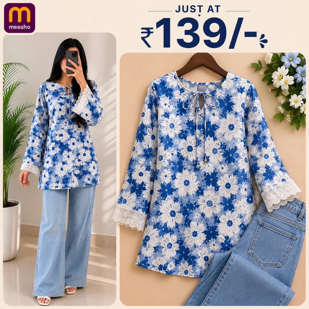 Blue short kurti for women, trendy design short kurti with elegant sleeves design.