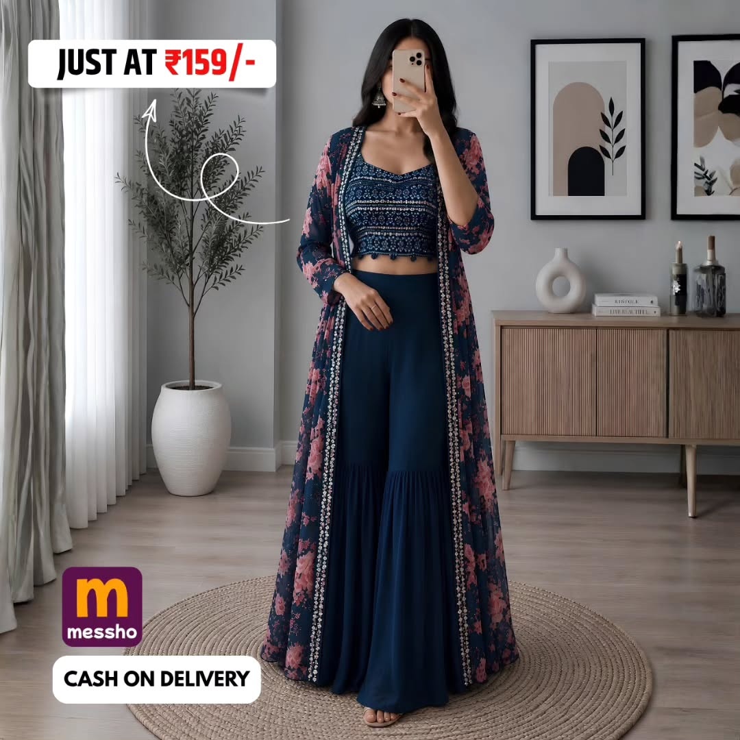 Embellished ROund Neck Top &amp;amp; Flared Palazzo &amp;amp; Shrug Co-Ords