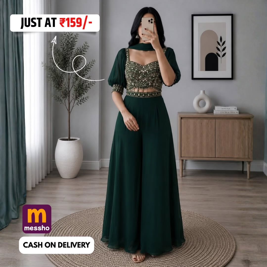Mirror Embroidered Bishop Sleeves Crop Top &amp;amp; Palazzo With Dupatta