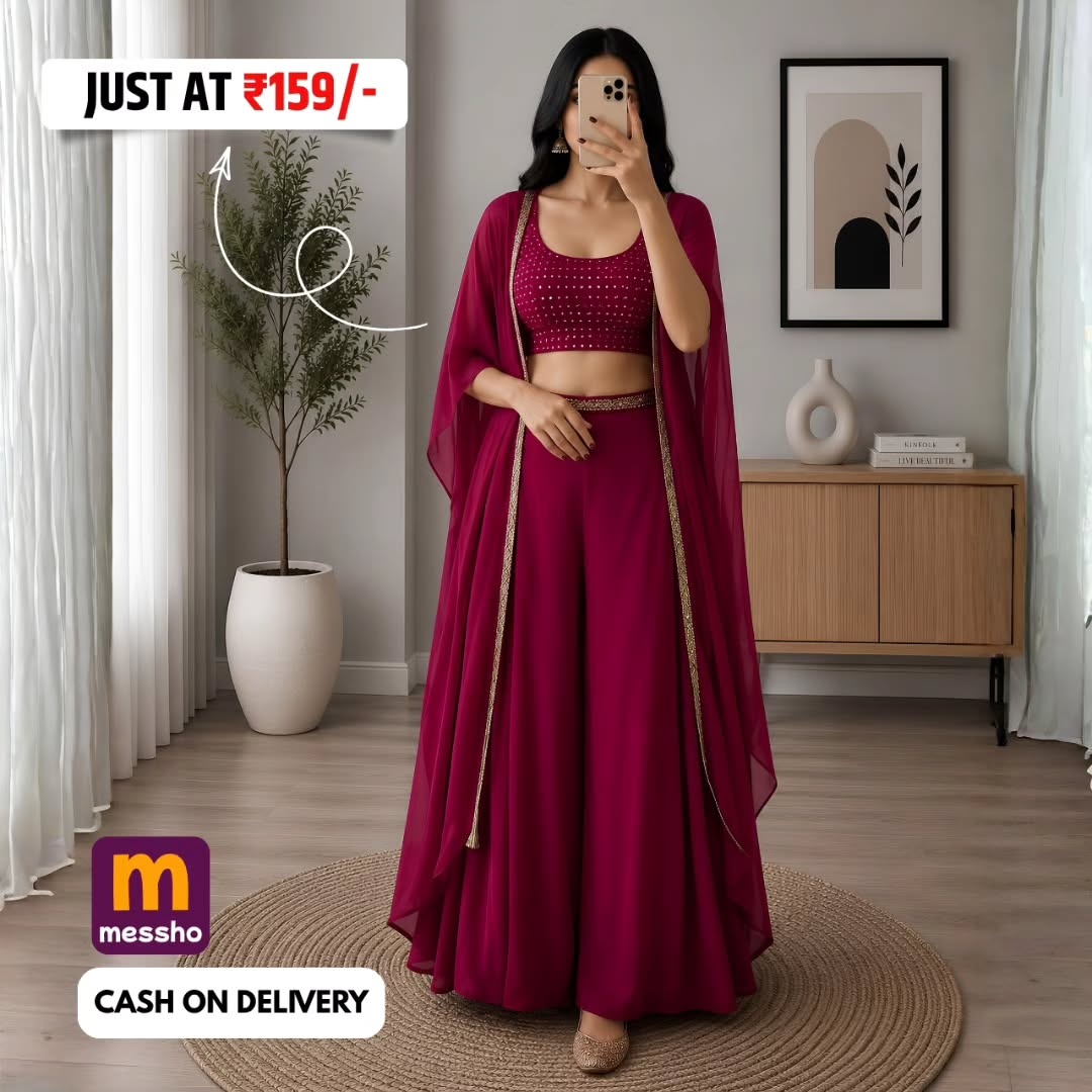 Embroidered Crop Top With Shrug &amp;amp; Palazzos