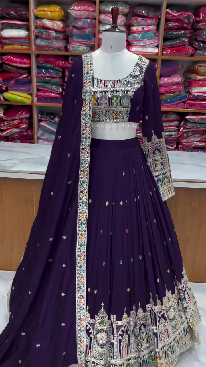 Women's Chinnon Traditional Motiff Semi-Stitched Lehenga Choli With Dupatta Set