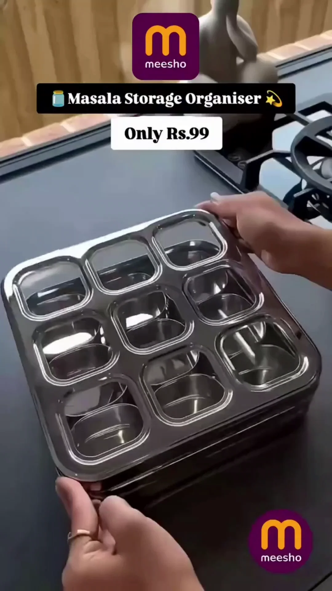 Taluka Stainless Steel Belly Shape Masala Spice Box Dabba Organiser With See Through Lid With Knob With 7 Containers &amp; Small Spoon Size Xtra Large